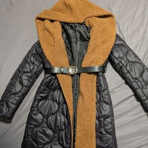Long Quilted Coat w/ Oversized Teddy Hood & Belt – Made in Italy